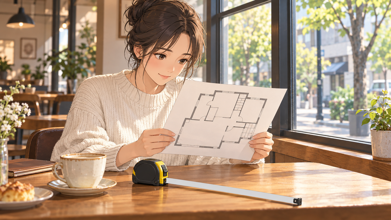カフェで住宅の平面図を持ち、メジャーと見比べている人