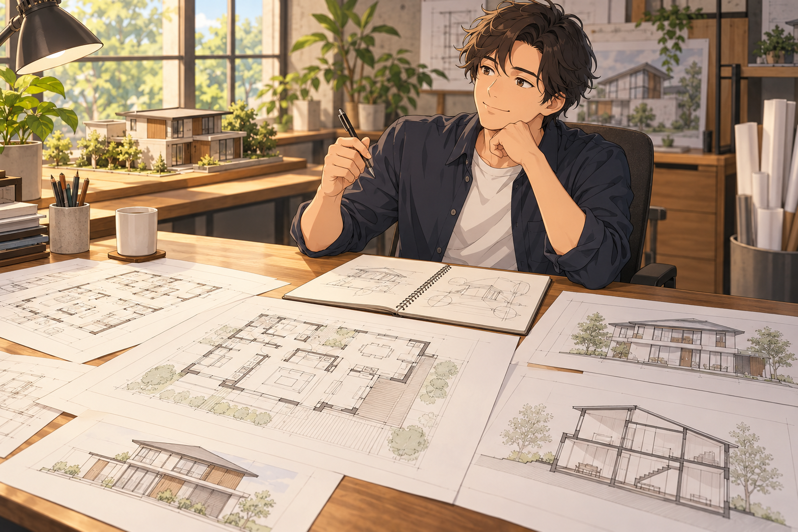 住宅の図面一式とメモを前に、うなずいている人