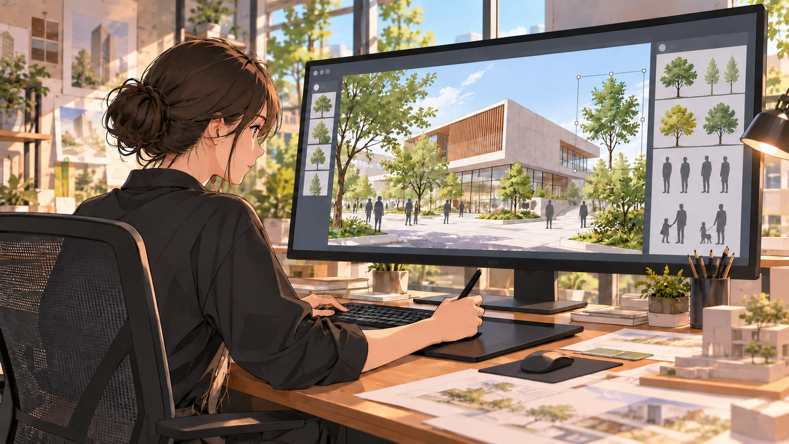 モニターで建物の外観の絵に、木や人を足している人