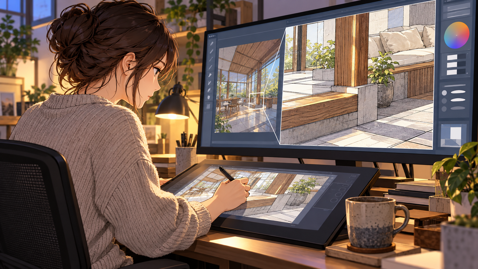 パースの一部を拡大し、ペンタブレットで直している人