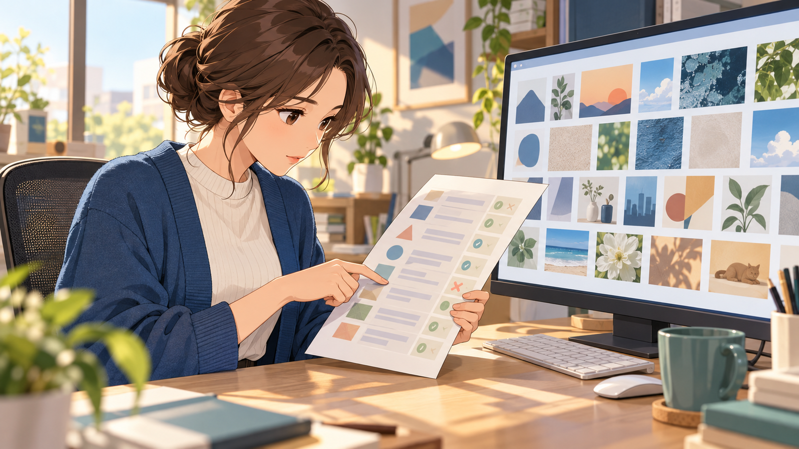 画面に素材の一覧を出し、紙の利用条件をたどっている人