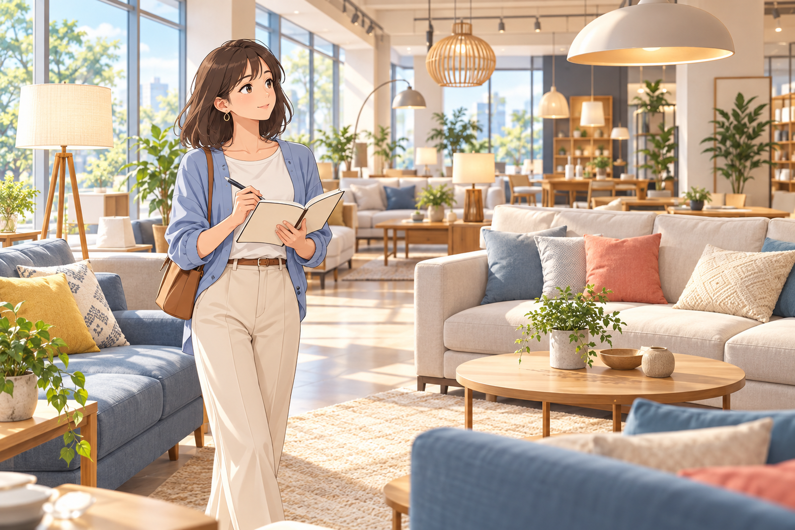 家具のショールームを見回しながら、手帳にメモを取っている人