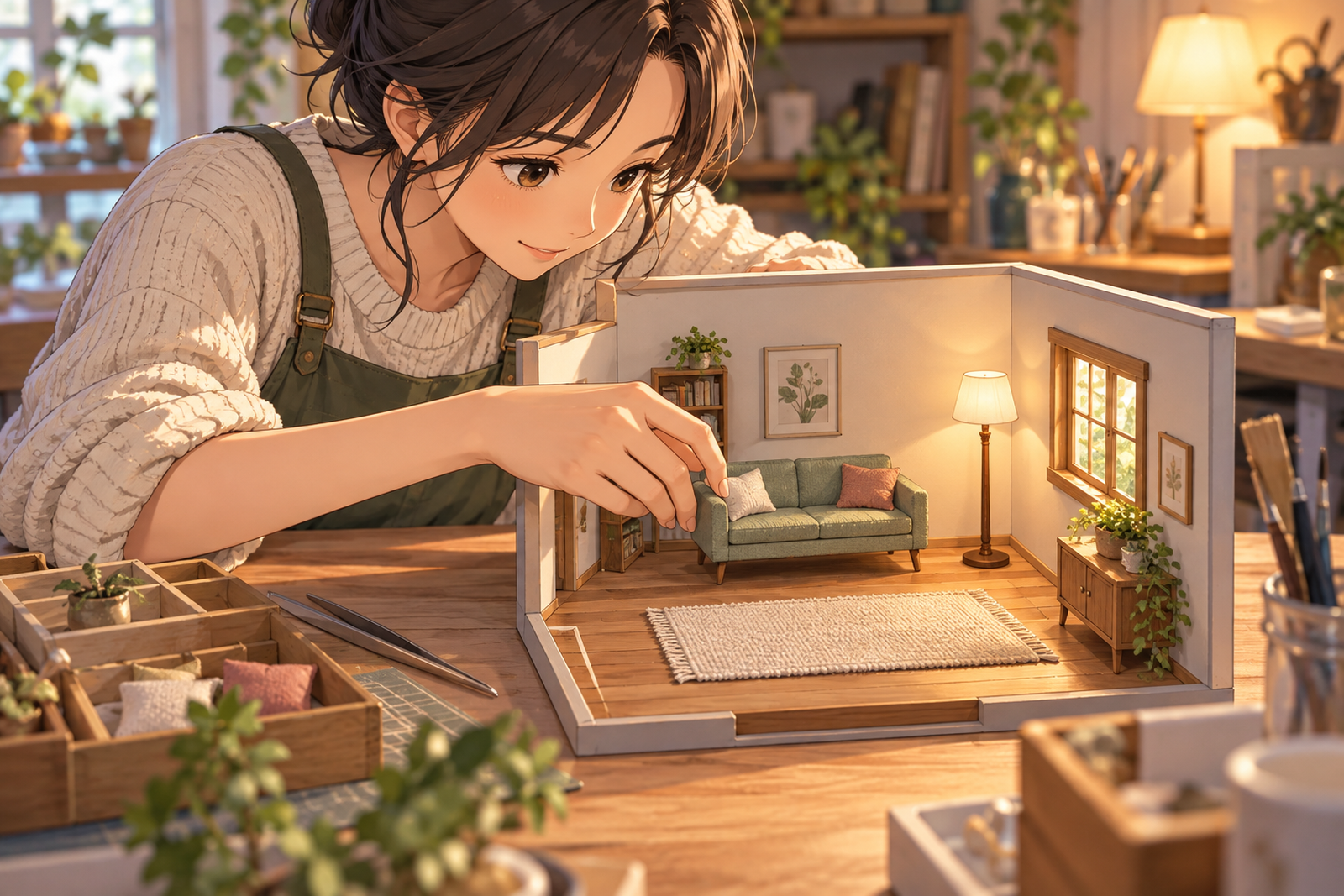 部屋の模型に、小さな家具を1つずつ置いている人