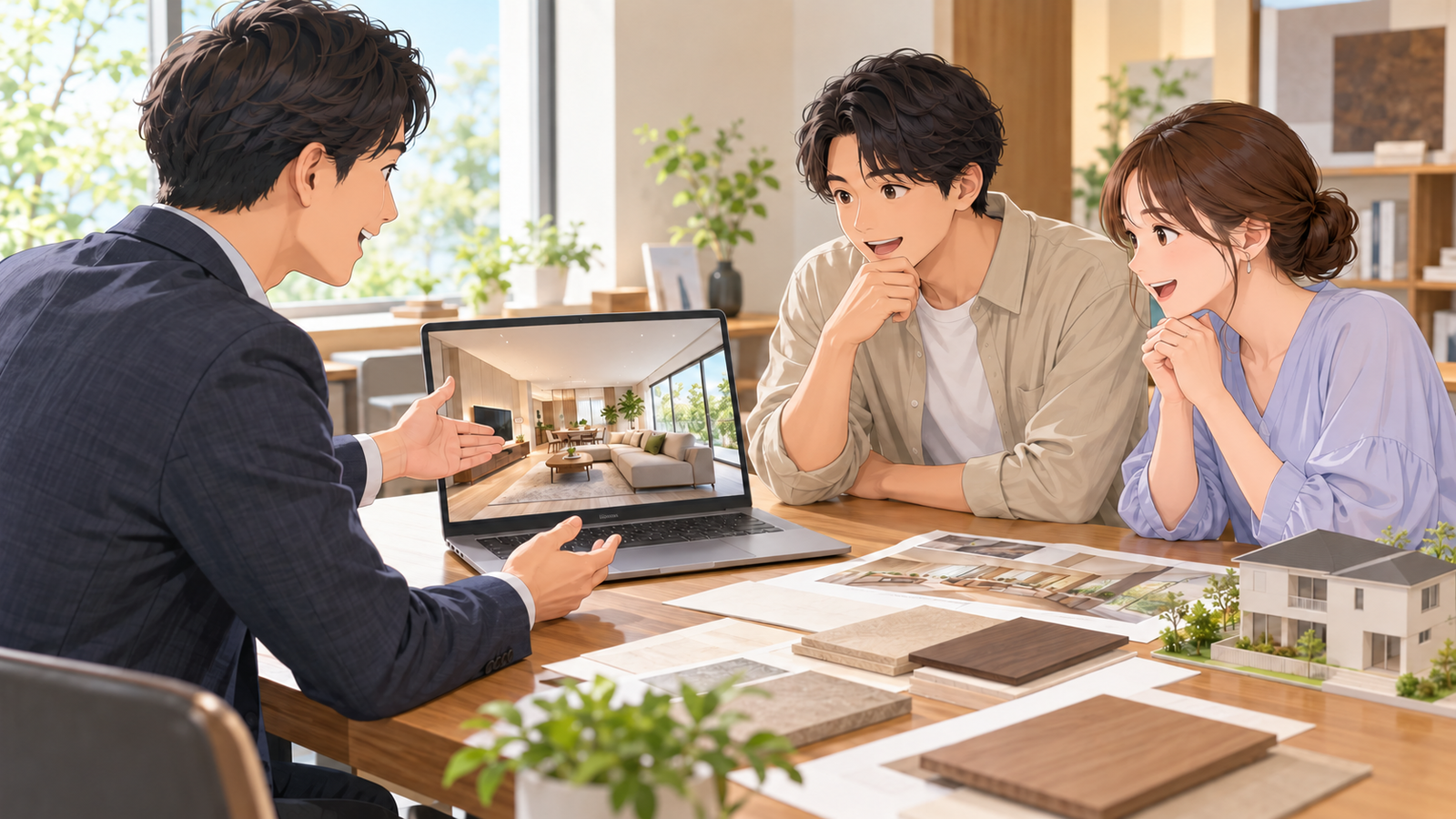 打ち合わせの席で、ノートパソコンに映した部屋のパースを夫婦に見せている人