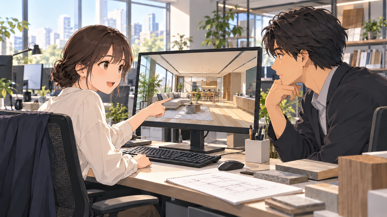 画面の部屋のパースを指さしながら、隣の先輩に質問している人