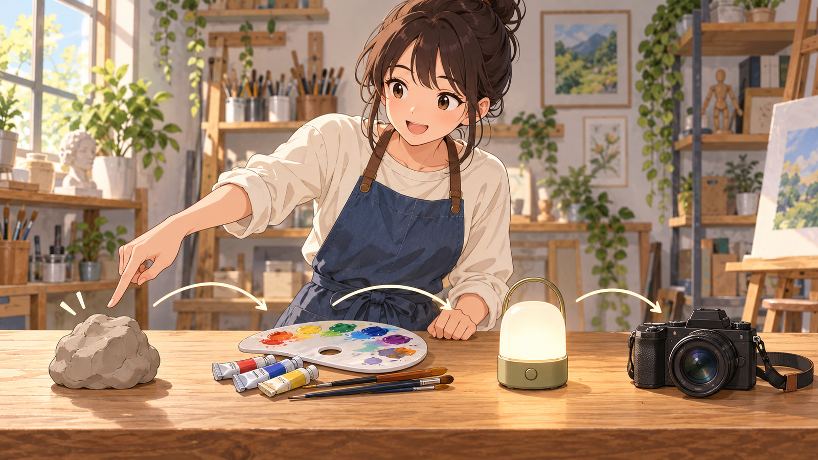 作業台に粘土・絵の具・ライト・カメラを順に並べ、指さしている人