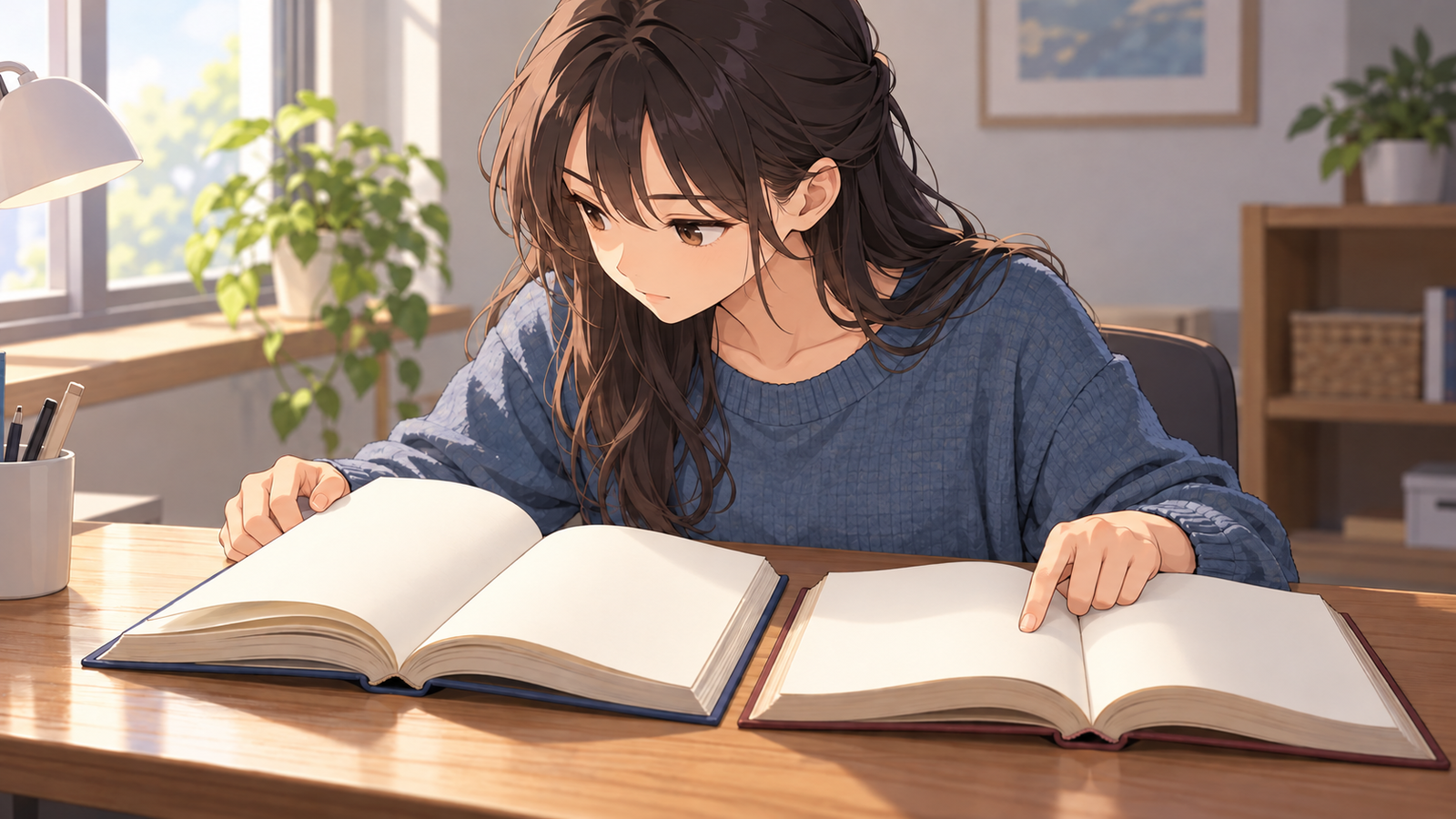 本を2つ開いて並べ、ページを見比べている人