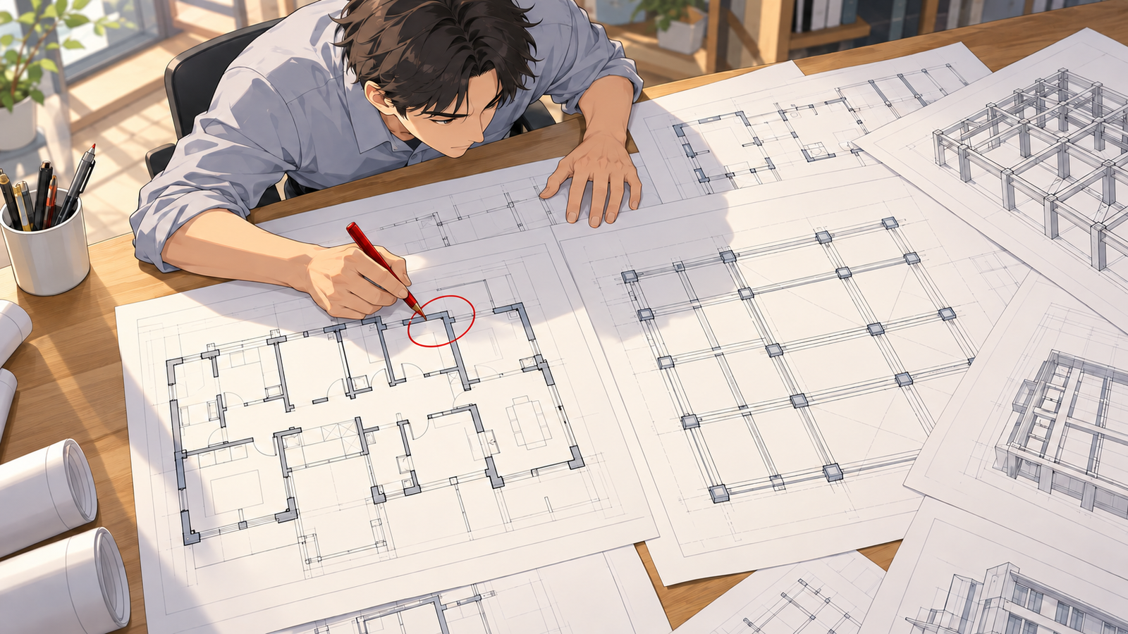 平面図と柱・梁の図面を並べ、食い違っている所に赤いペンで丸を付けている人