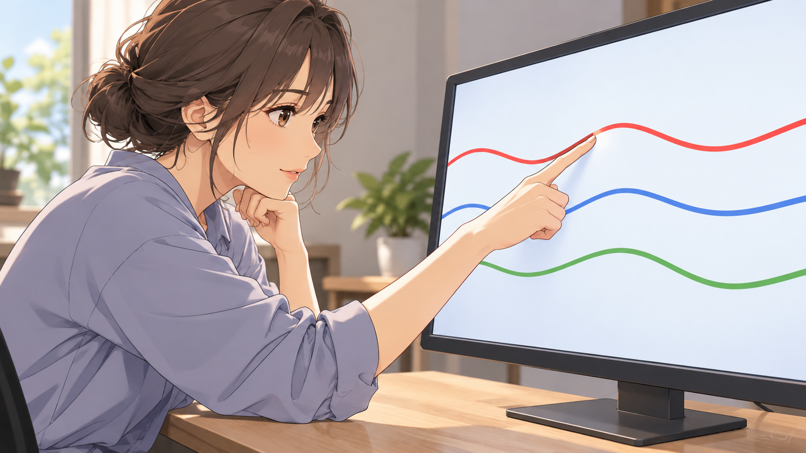 モニターに映る3本の色の線を、指でたどりながら確かめている人の挿絵