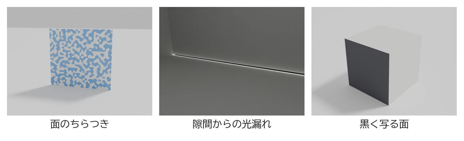 ちらついて見える重なった面・壁の隙間から漏れる光・黒く写った面の3つを並べた図