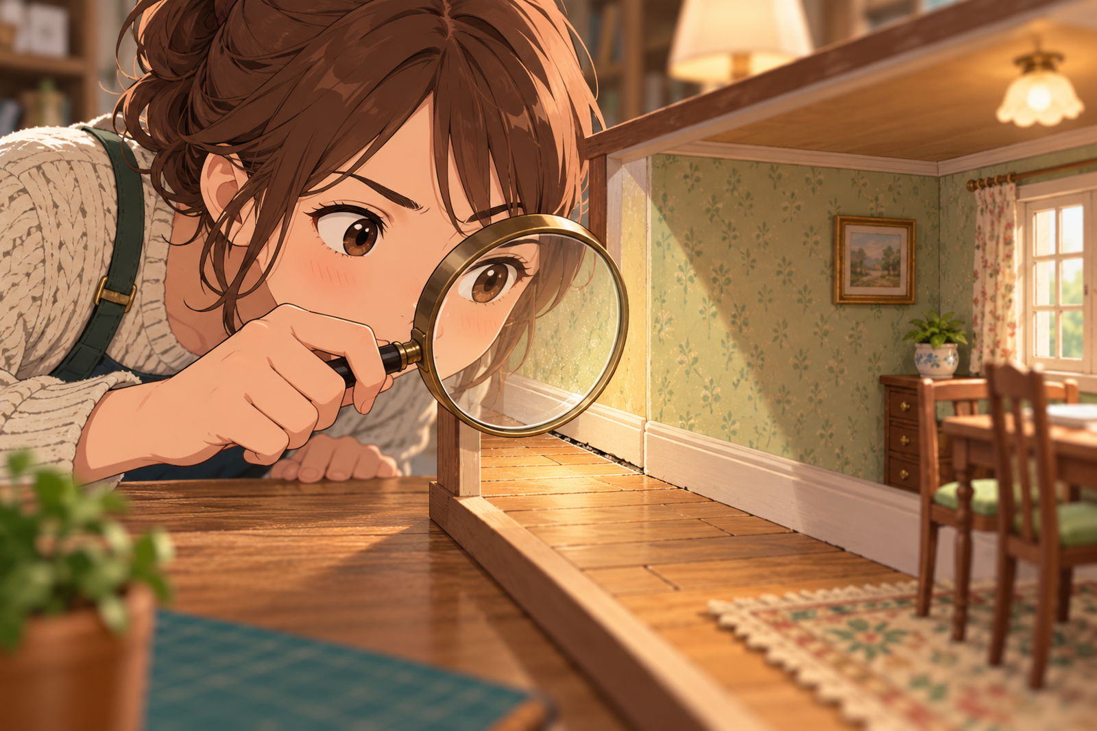 模型の部屋の壁と床の隙間を、虫眼鏡でのぞき込んでいる人の挿絵