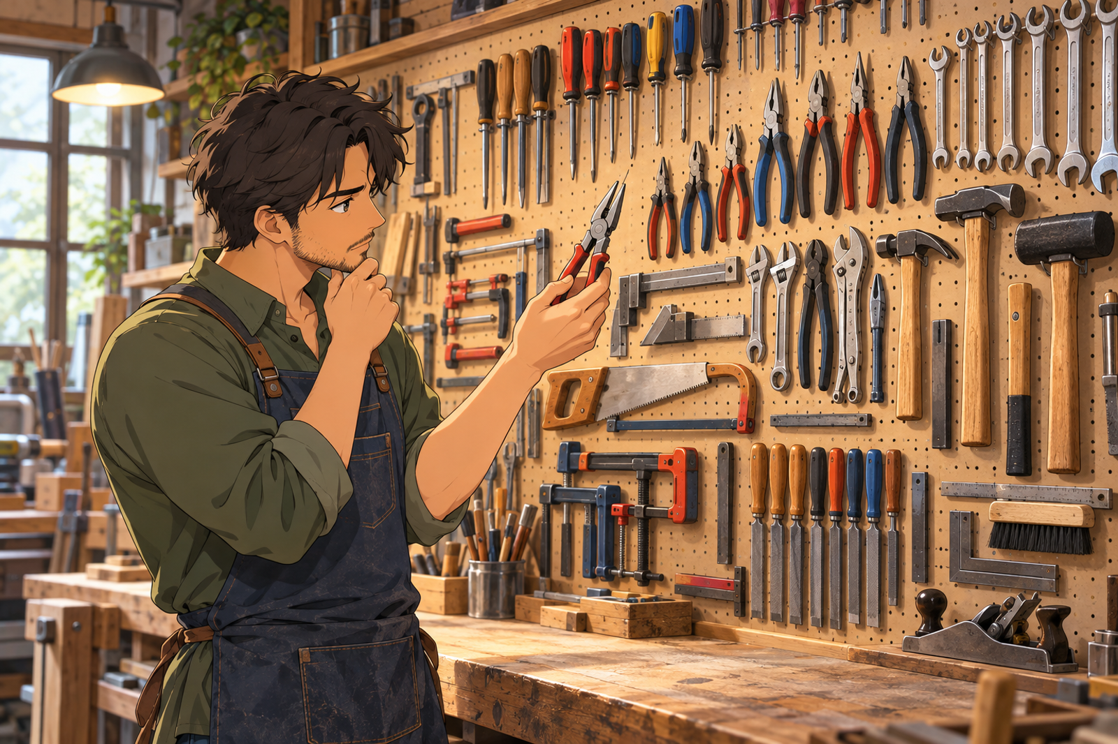 いろいろな形の工具が並ぶ壁の前で、1本を手に取って見比べている人の挿絵