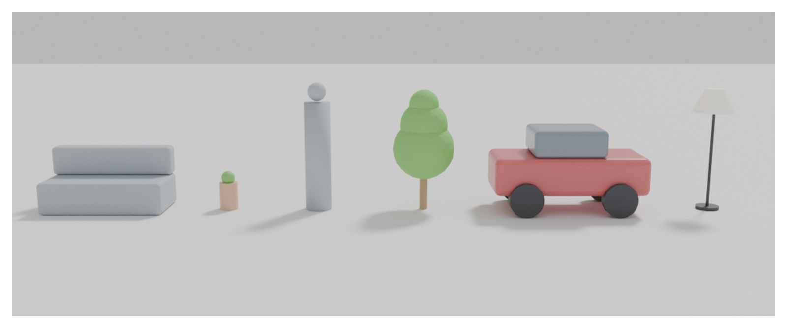 家具・植物・人物などの3D素材を並べた図
