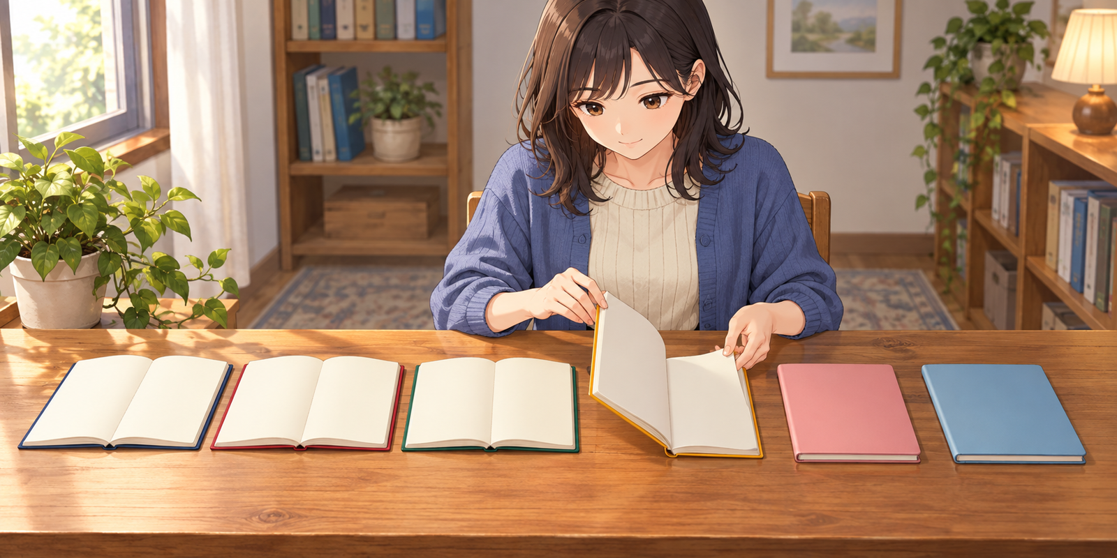 机に並べた6つのノートを、左から順に開いていく人の挿絵