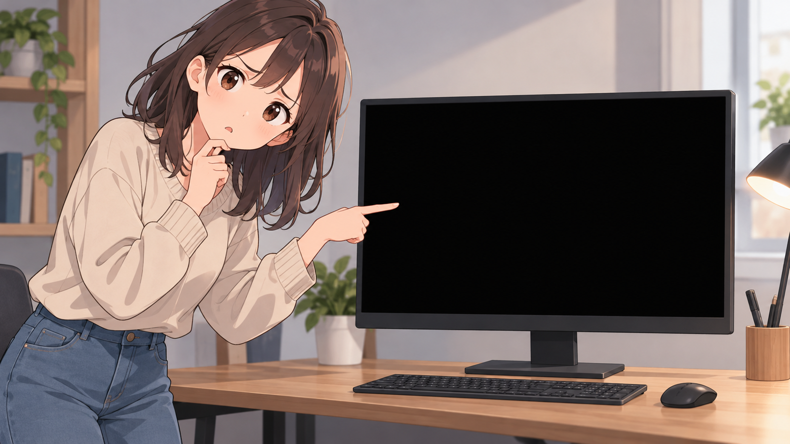 モニターに映った黒い面を指さして、首をかしげている人の挿絵