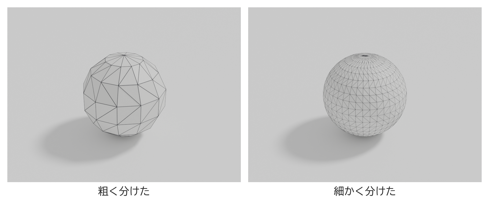 なめらかな曲面の球を、粗い三角形と細かい三角形に分けた2つを並べた図