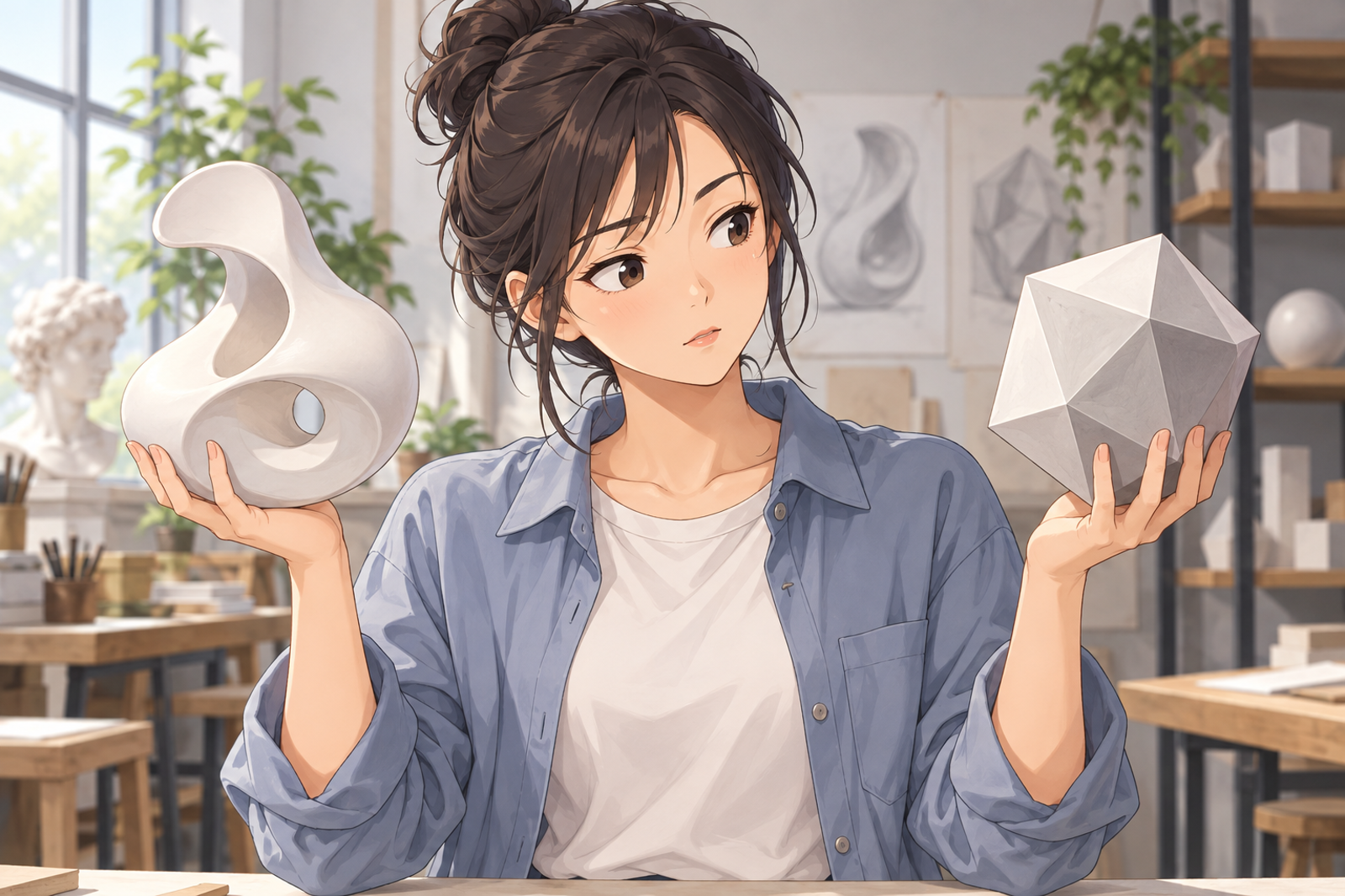 なめらかな曲面の模型と、角ばった多面体の模型を、両手に持って見比べている人の挿絵