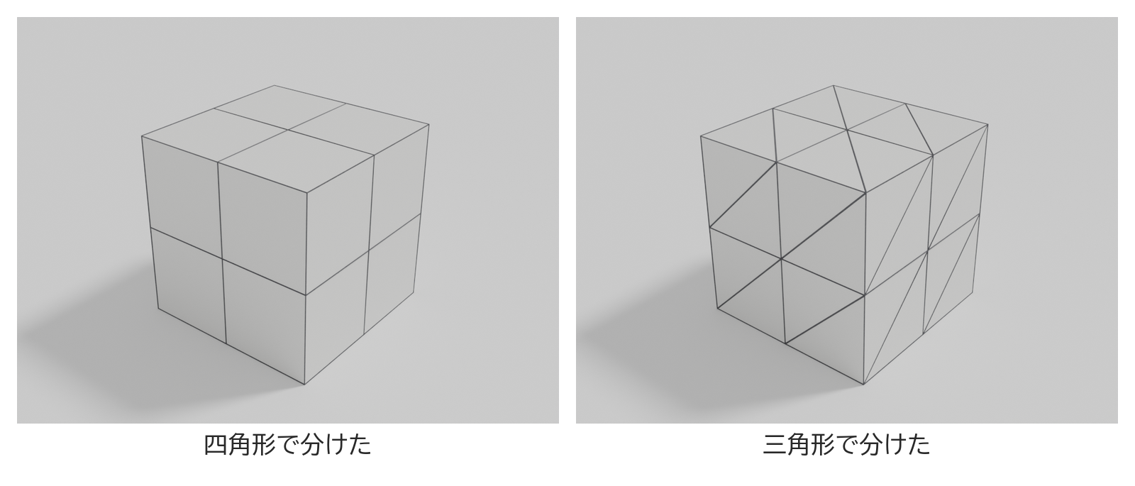 同じ形を、2通りの違う面の分け方で線を引いて描いた図