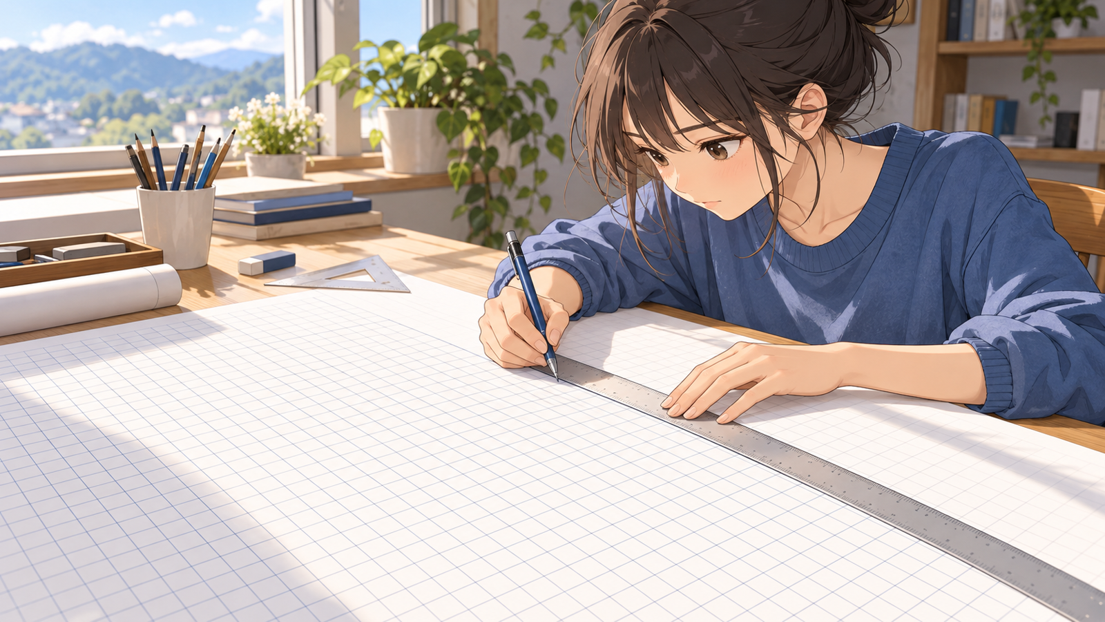 方眼紙に、網の目の線をきれいに引き直している人の挿絵