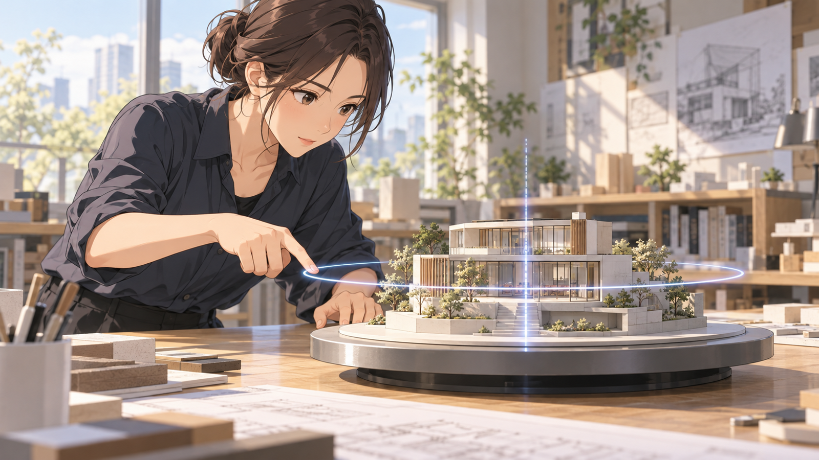 建物の模型を回す前に、指で回す軸の向きをなぞって確かめている人の挿絵
