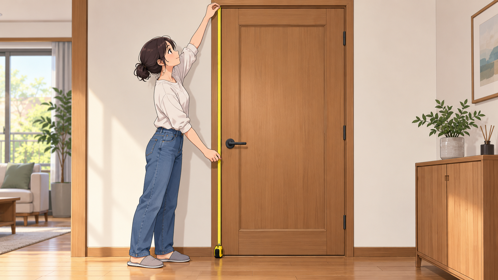 メジャーを伸ばして、実物のドアの高さを測っている人の挿絵