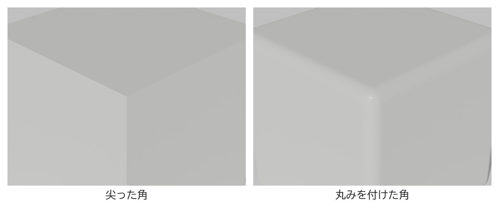 尖った箱の角と、丸みを付けた箱の角を、近くから並べた図