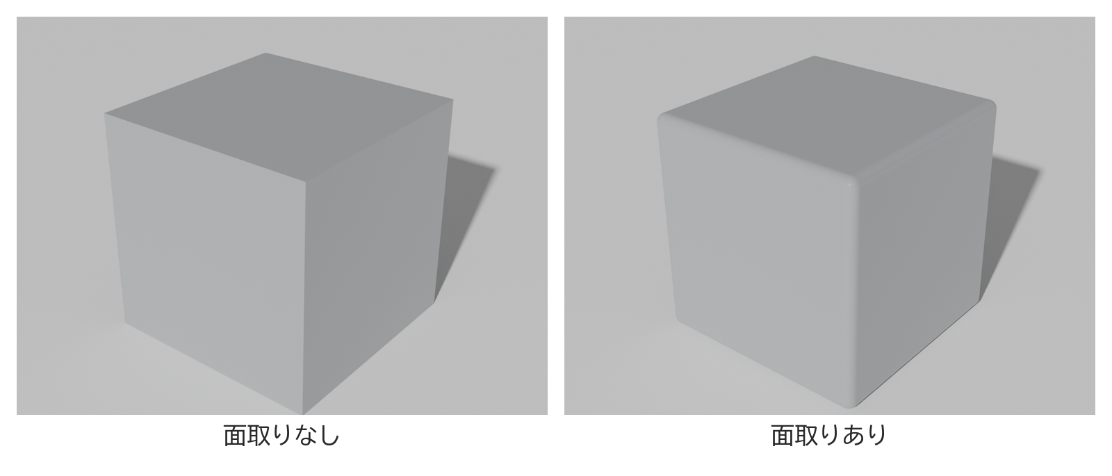 同じ光を当てた2つの箱で、面取りの無い角と、面取りした角に細い光の線が出ている様子を並べた図