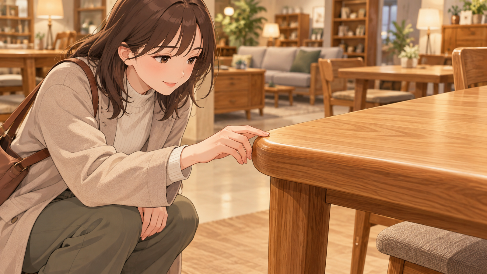 家具の店で、木のテーブルの丸い角を指でなでて確かめている人の挿絵