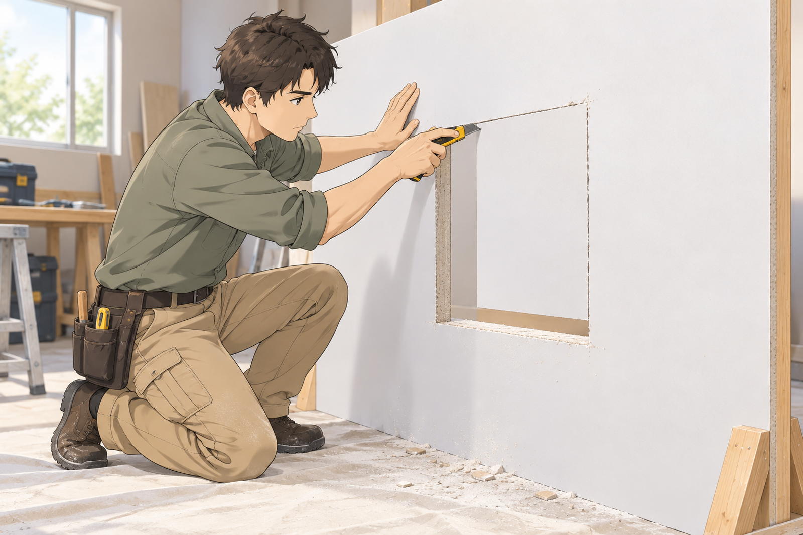白い壁の板に、カッターで四角い窓の穴を切り抜いている人の挿絵