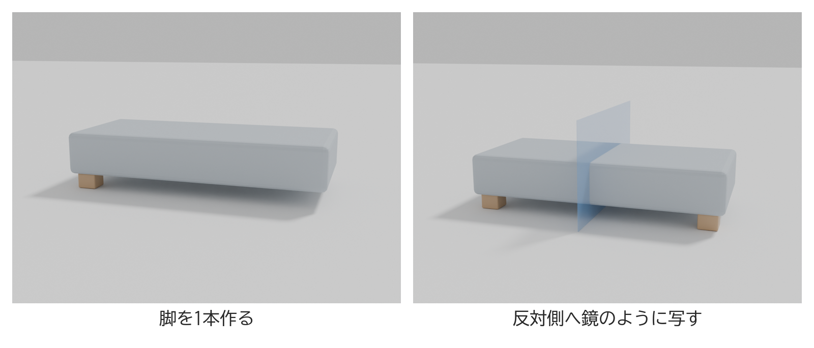 立方体から作ったソファの脚を、反対側へ鏡のように写して2本にした図