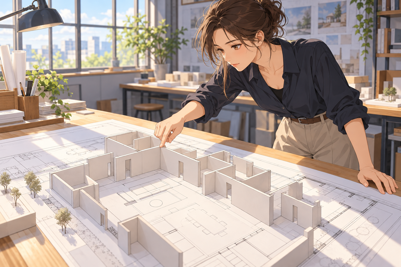 製図台に広げた平面図の上で、立ち上がった壁の模型を指でなぞっている人の挿絵