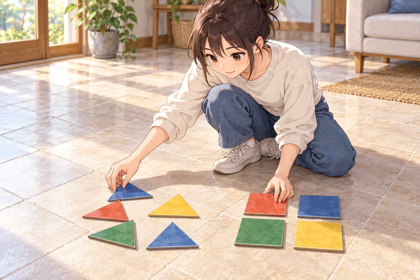 タイル張りの床にしゃがみ、三角と四角のタイルを並べ比べている人の挿絵