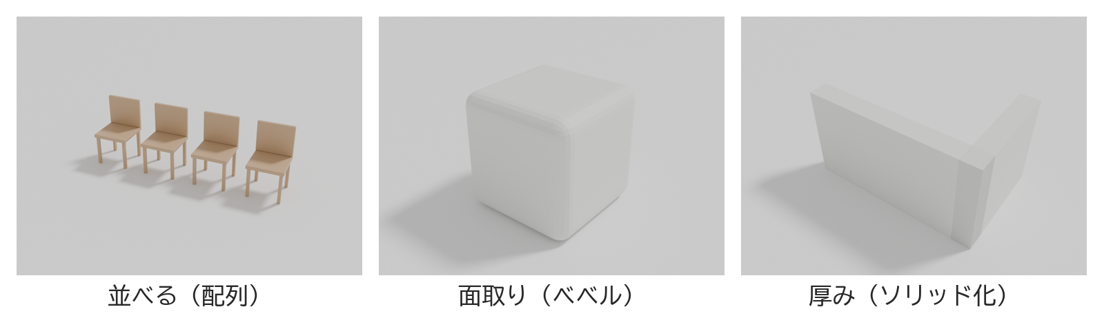 等間隔に並べた椅子・角を丸めた箱・厚みを付けた壁の3つを並べた図
