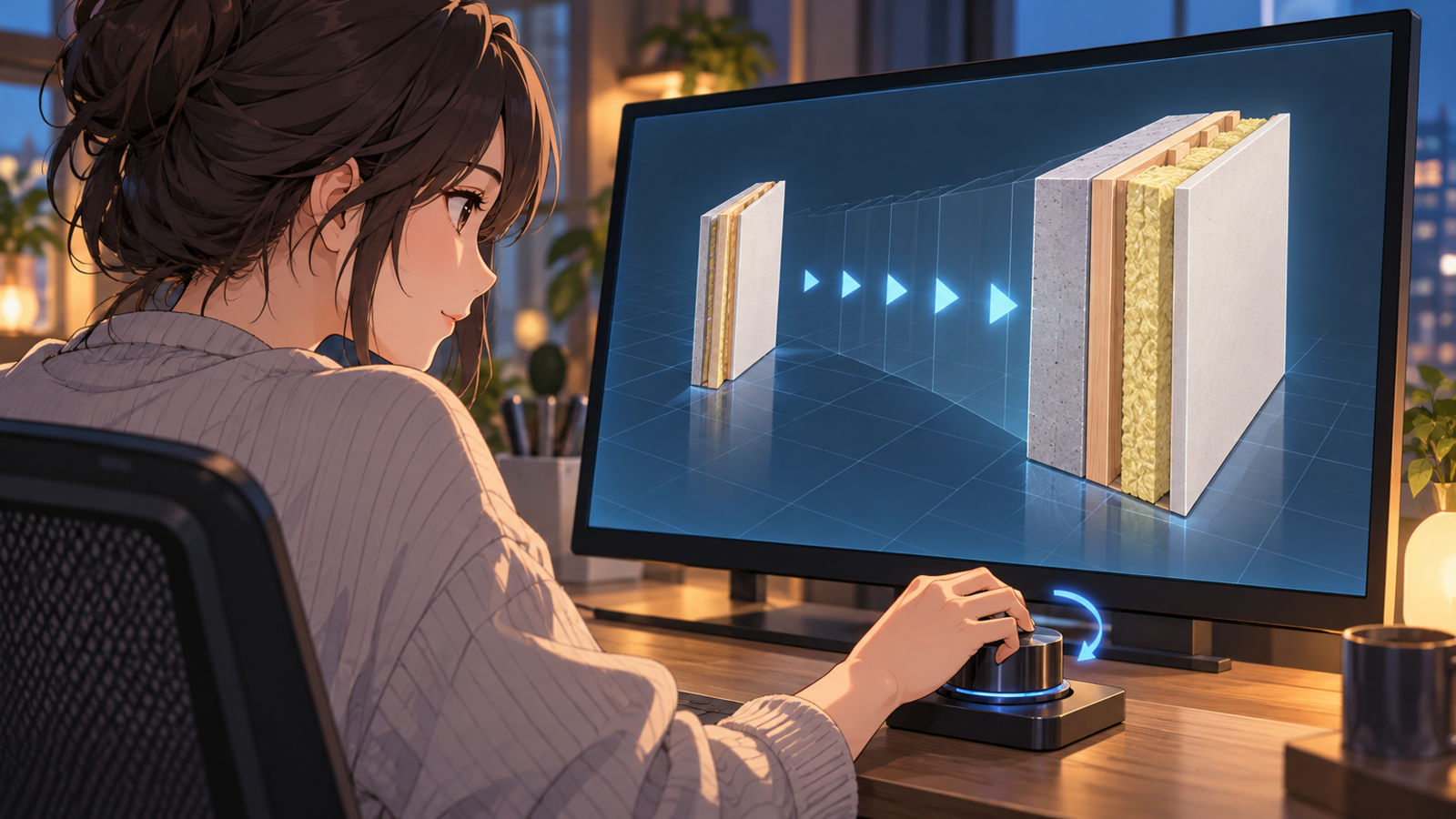 モニターの前で、つまみを回すと壁の厚みが変わる様子を眺めている人の挿絵