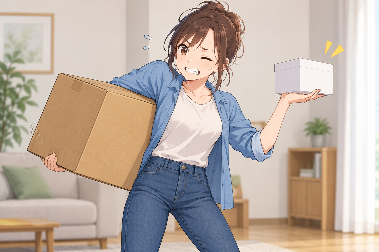 重たそうな段ボール箱と軽い紙箱を、両手に持って比べている人の挿絵
