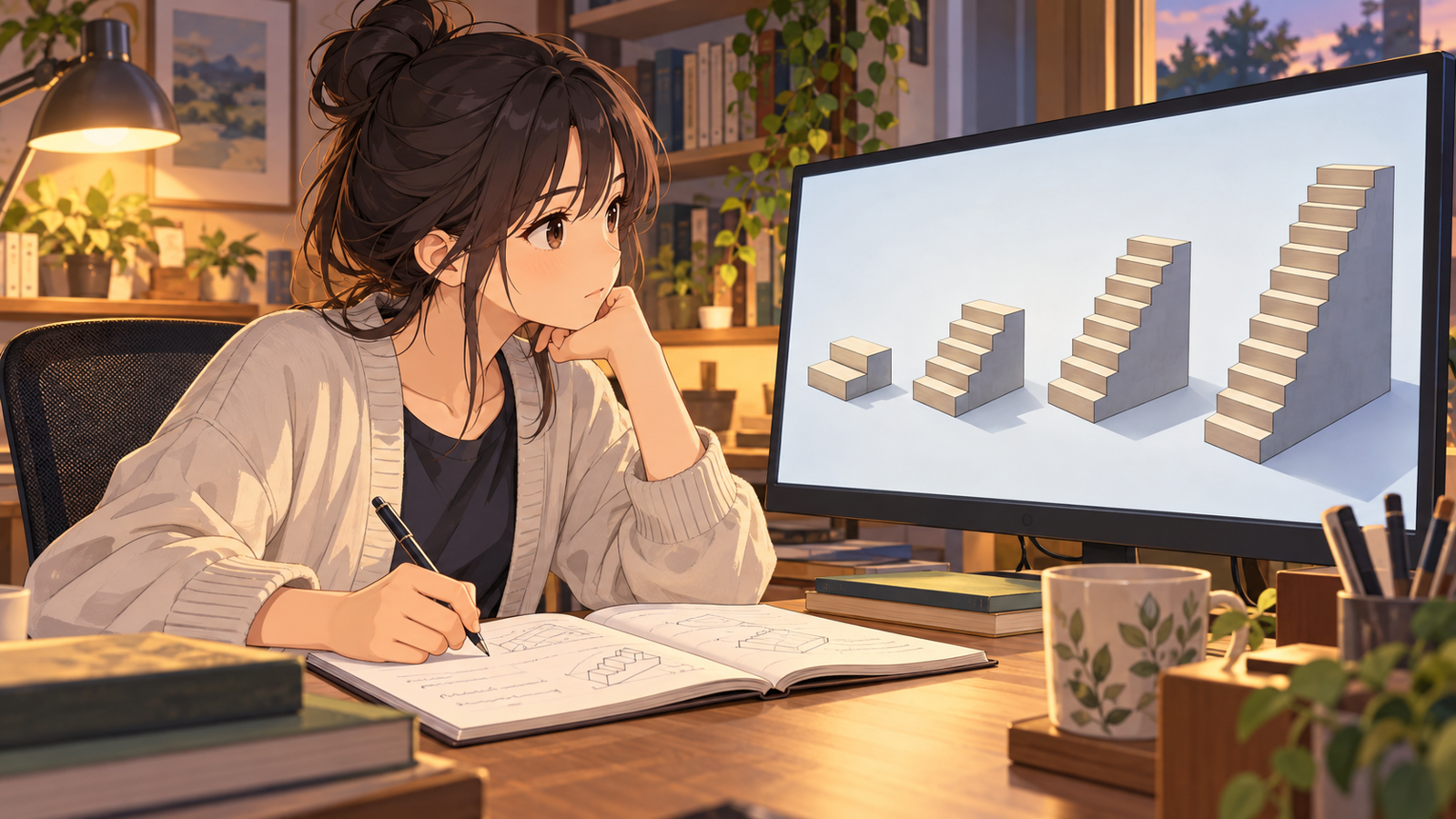 ノートに数字を書き込みながら、横の画面で段数の違う階段の模型を見ている人の挿絵