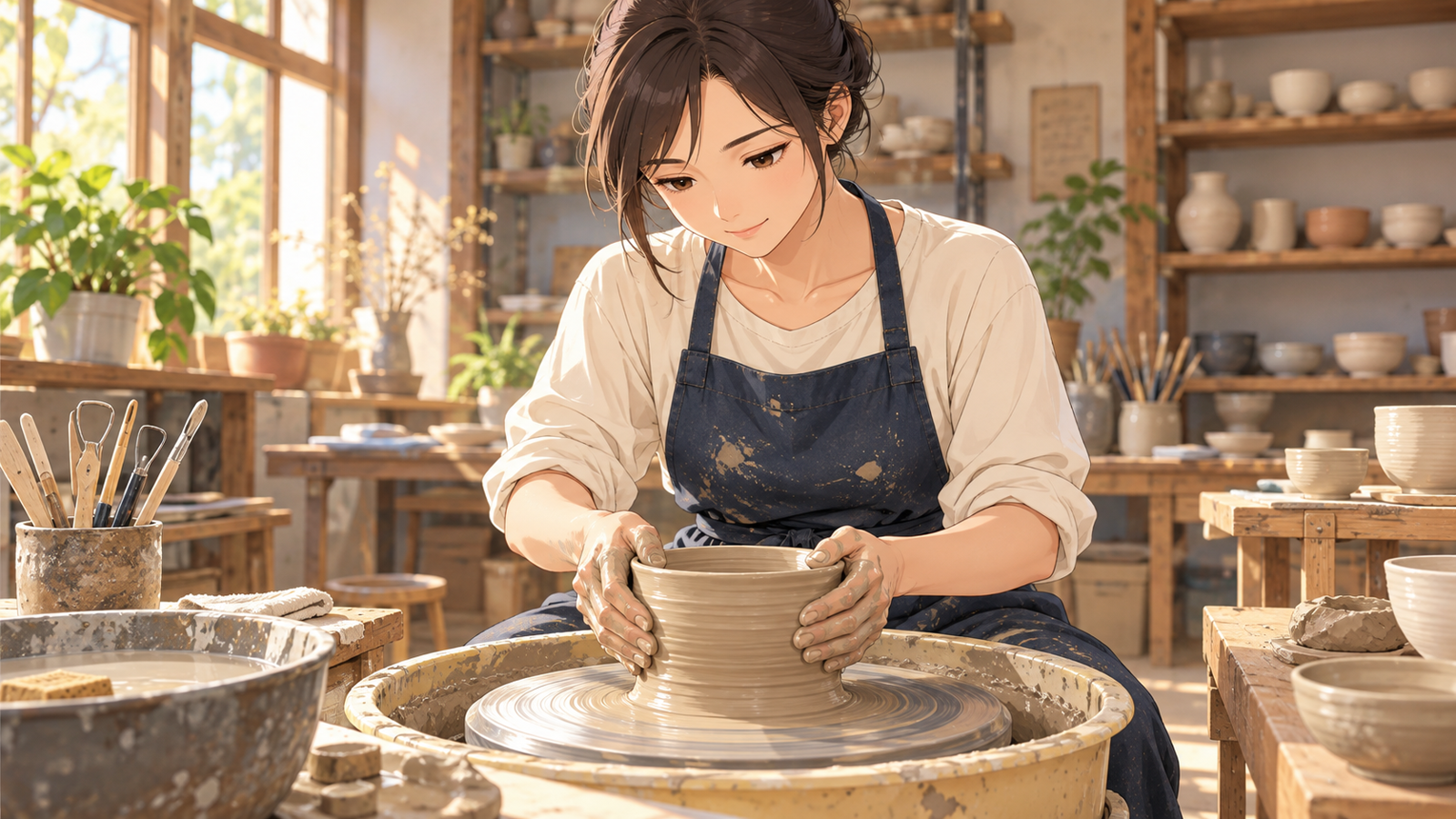 陶芸教室のろくろの前で、粘土のかたまりを両手で形づくっている人の挿絵