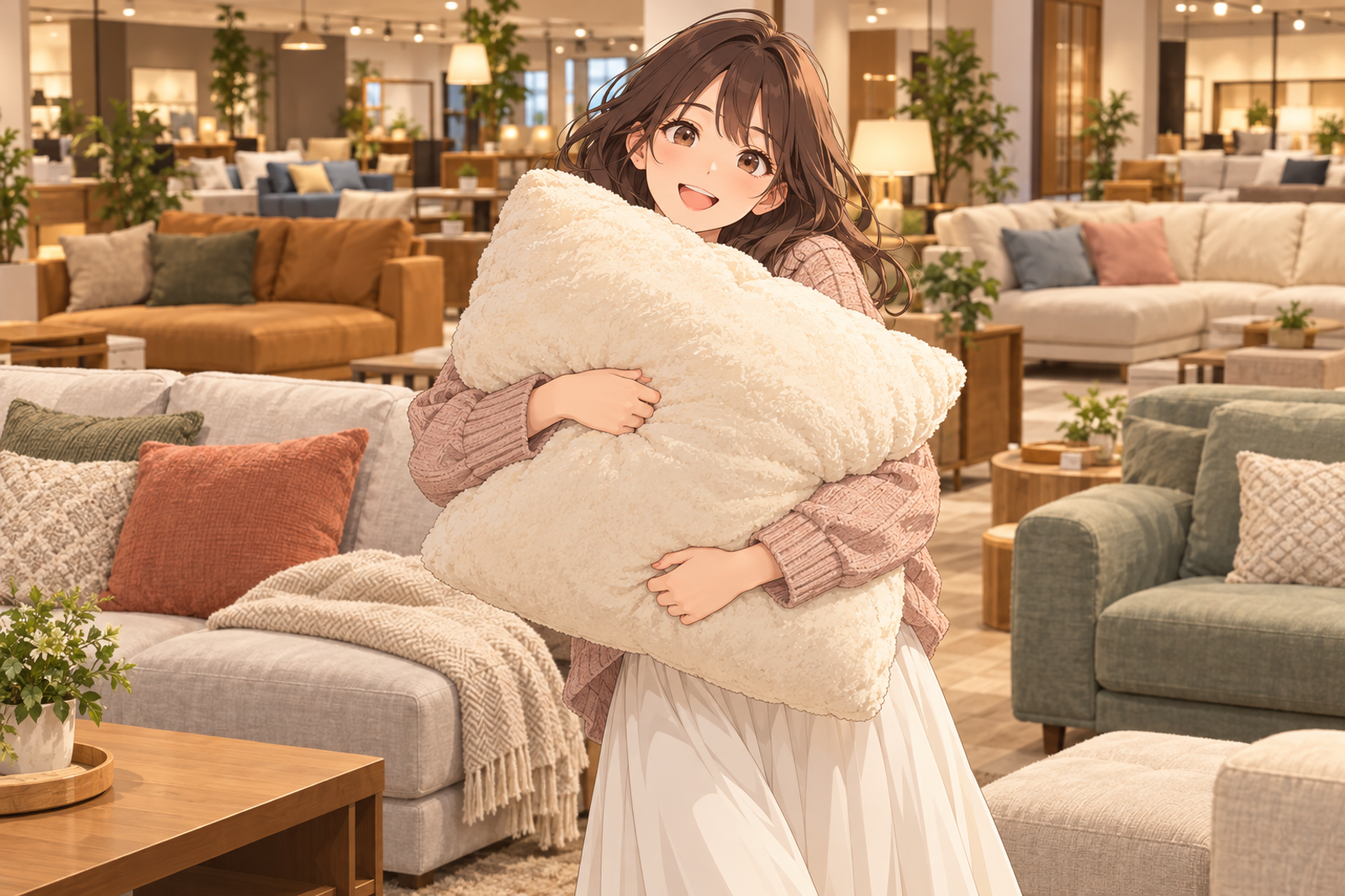 ソファの店で、ふっくらしたクッションを両手で抱えている人の挿絵