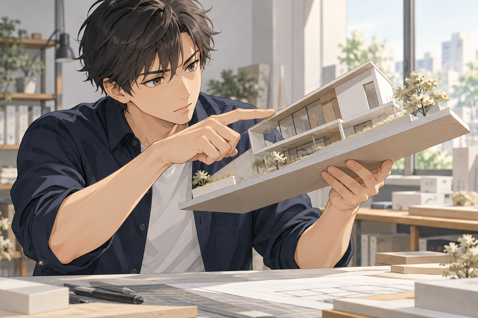 傾けた建物の模型を手に取り、模型の向きを指でなぞって確かめている人の挿絵