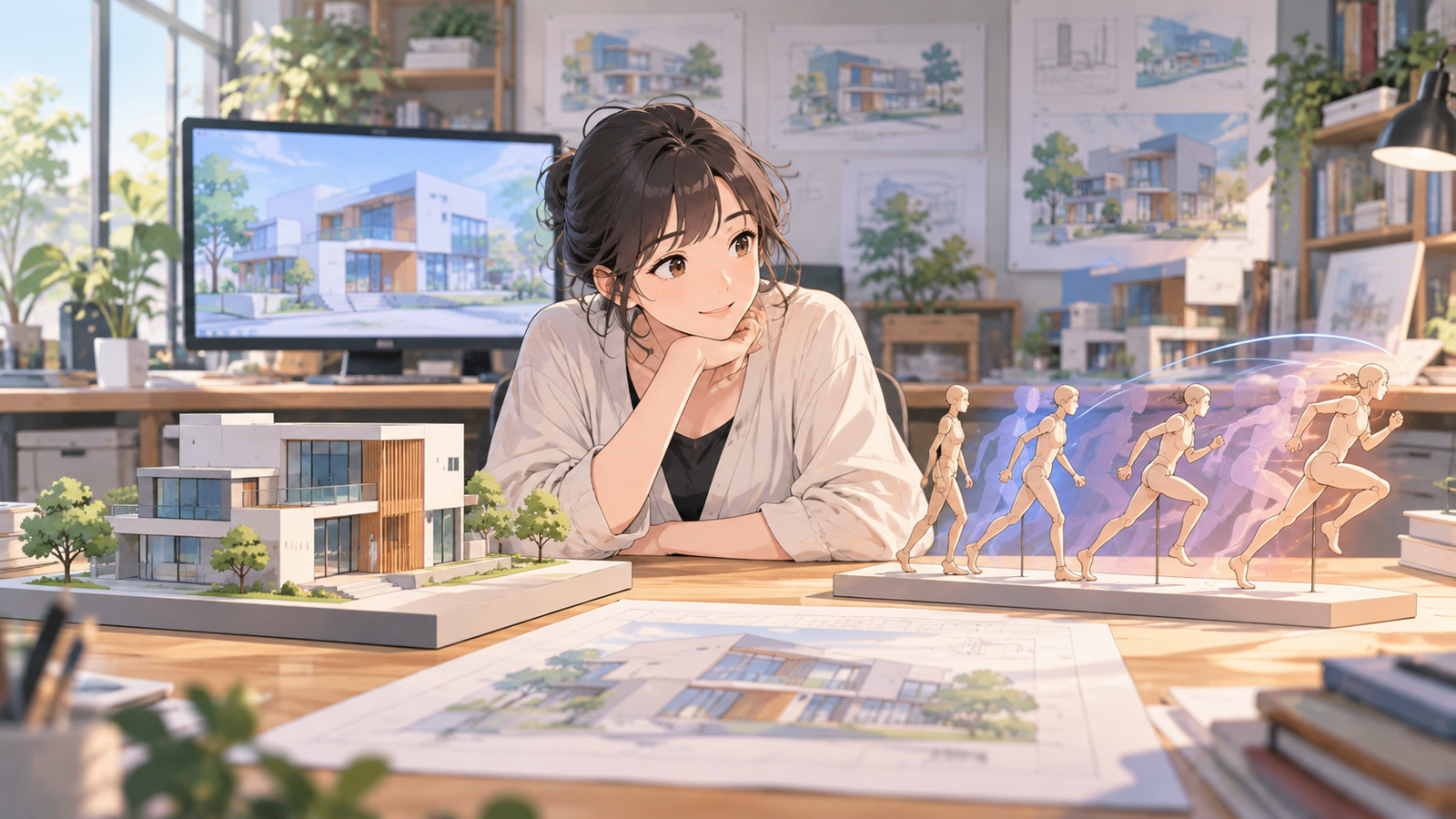 止まった建物の模型と、動く人の模型を見比べている人の挿絵