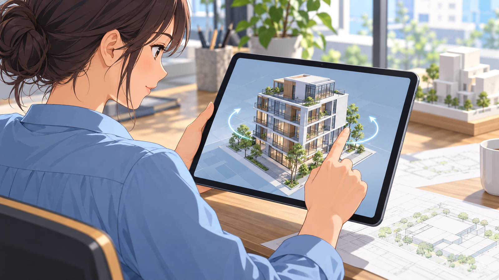 タブレットで建物の立体のモデルを指で回して見ている人の挿絵