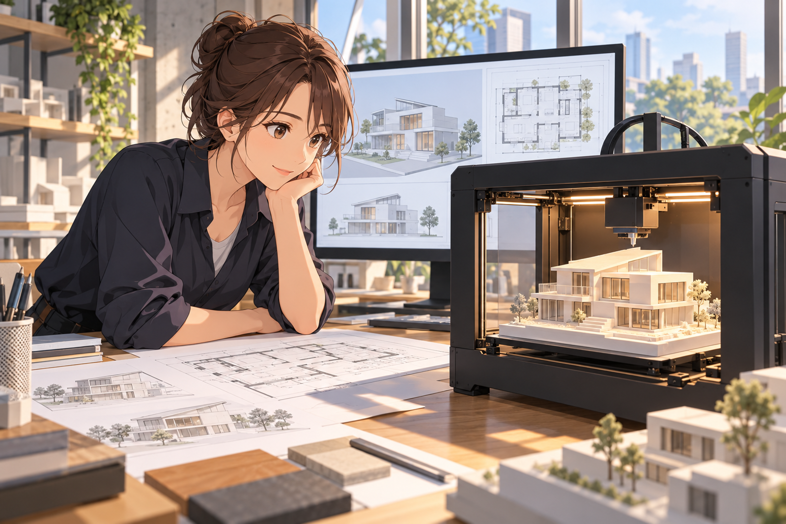 3Dプリンターで建物の模型を作っている人の挿絵