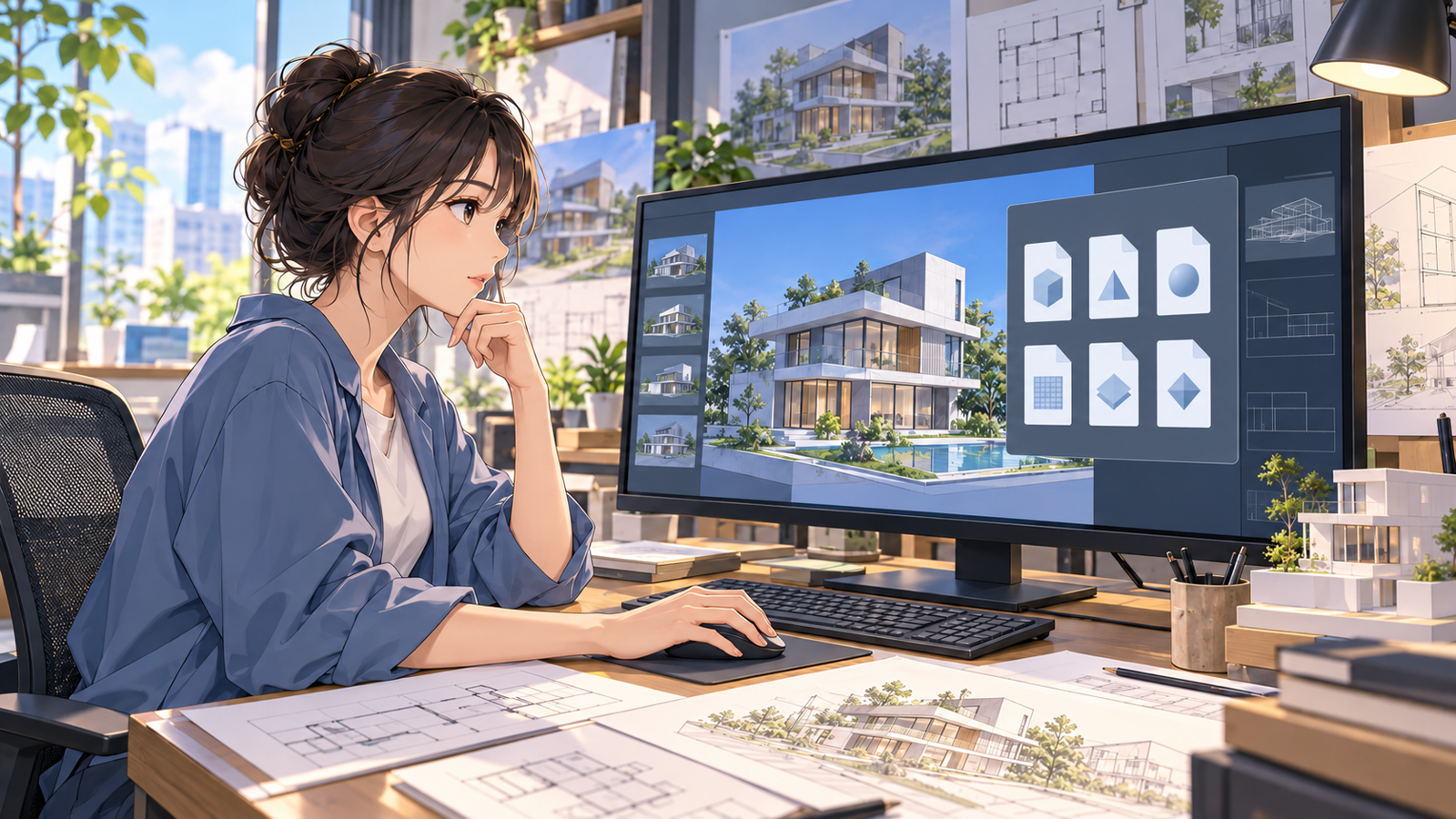 書き出しの形式を選ぶ画面を見ながら考えている人の挿絵