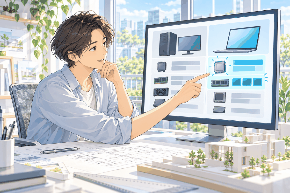 画面の、デスクトップの欄とノートの欄を見比べている人の挿絵