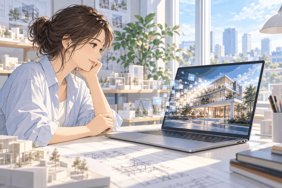 ノートパソコンで、建物のレンダリングが仕上がるのを待っている人の挿絵