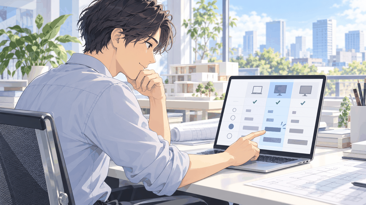 画面でMacのメモリの量を選んでいる人の挿絵