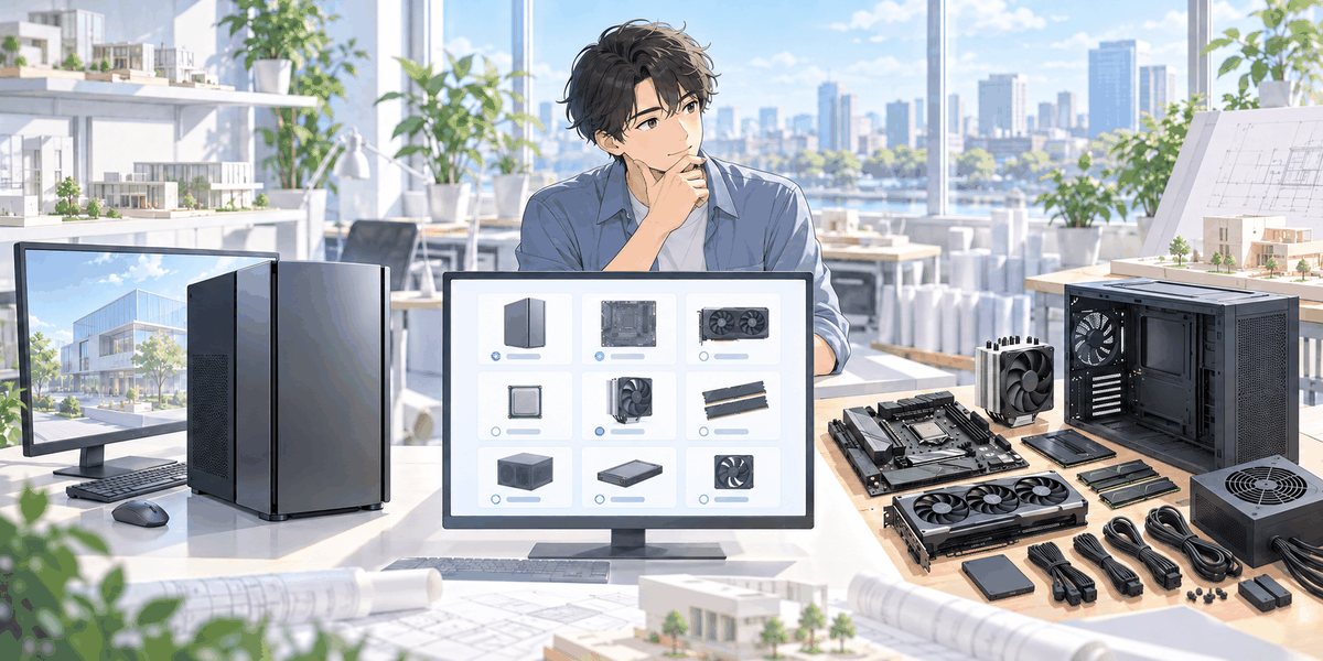 完成品のパソコン、部品を選ぶ画面、机に並べた部品の3つを前に考えている人の挿絵