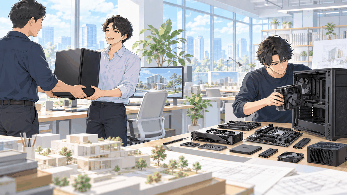 組み立て済みのパソコンを受け取る人と、部品を自分で組み立てている人の挿絵