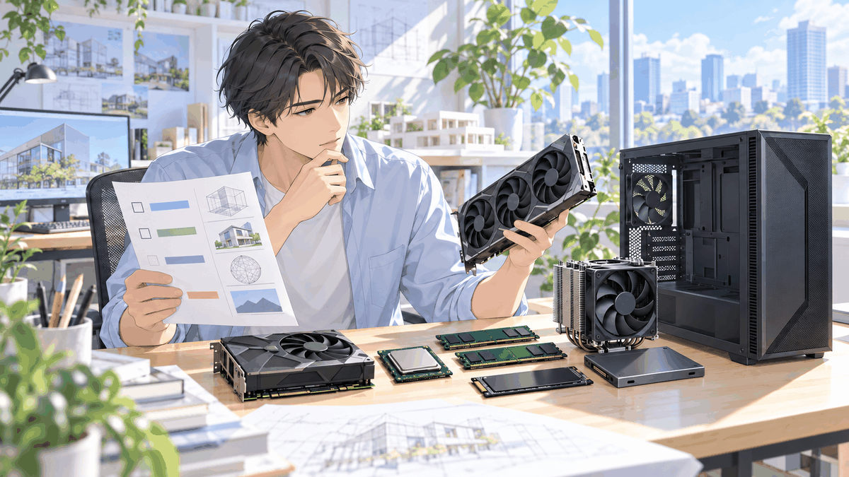 ソフトの名前を書いたメモを持ち、机の上の部品を見ている人の挿絵