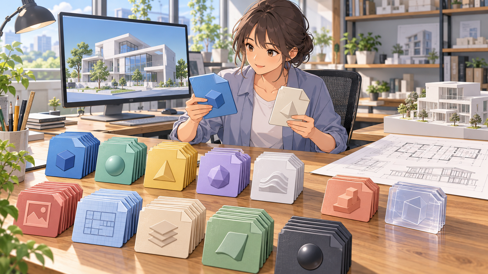 机の上に、形の違うファイルのアイコンのカードを並べて仕分けている人の挿絵